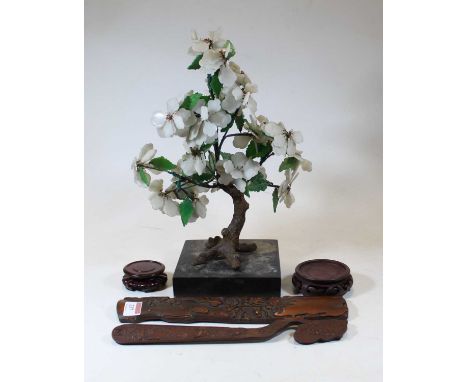 A modern Chinese ruyi sceptre type carving; together with one other Chinese carving; a stone model of a tree; two hardwood st