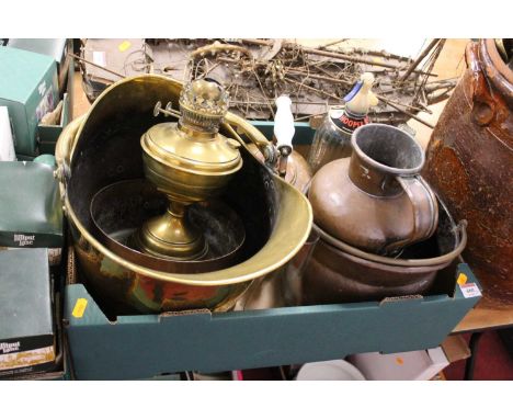 A collection of various metal wares to include a Victorian copper range kettle, a brass coal bin, fire tools, etc