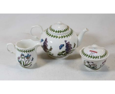 A Portmeirion Botanic Garden pattern teapot and cover; together with a matching cream jug and sugar bowl (3)Condition report: