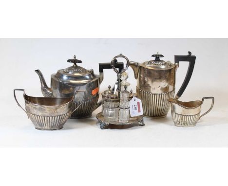 A matched Victorian and later silver four-piece tea set, comprising bachelors teapot, hot water pot, twin handled sugar bowl 