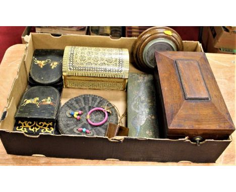 A box of miscellaneous items, to include a Victorian rosewood tea caddy, of sarcophagus form (lacking interior), an Indian Si