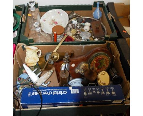 Two boxes of miscellaneous items, to include blue jasperware vase, desk blotter, ships decanter and stopper, German coffee gr