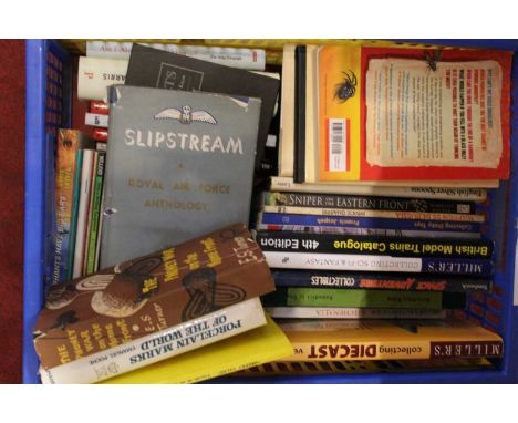 Two boxes containing a collection of books relating to toy &amp; model collecting and a collection of mainly Scifi TV games