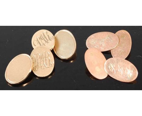 A pair of gent's 9ct gold cufflinks, being monogrammed and engine turned; together with one other pair of gent's monogrammed 