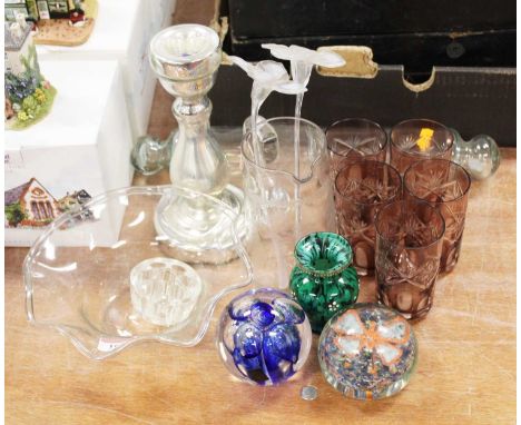 A small collection of miscellaneous glassware to include modern paperweights, rolling pin, vase etc