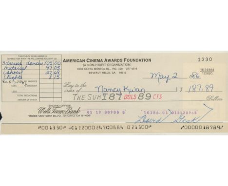 David Guest signed American Cinema Awards Foundation cheque dated 2nd May 86 to Nancy Kwan endorsed on reverse by Nancy Kwan.