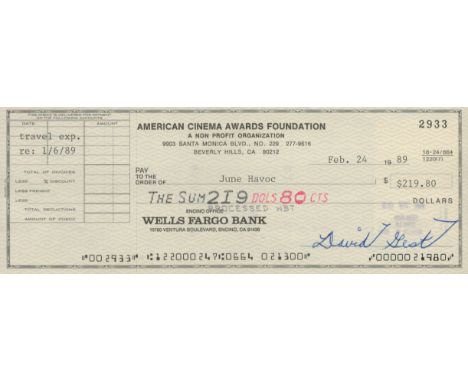 David Guest signed American Cinema Awards Foundation cheque dated Feb 24, 1989, to actress June Havoc endorsed on reverse by 