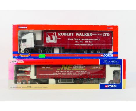 Corgi - Two boxed diecast 1:50 scale Limited Edition model trucks. Lot consists of CC13266 DAF XF Cab Step Frame Curtainside 