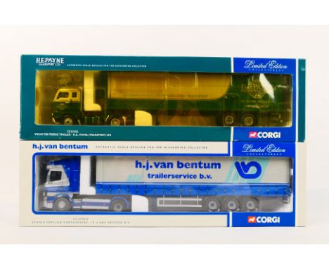 Corgi - Two boxed diecast 1:50 scale Limited Edition model trucks. Lot consists of CC12910 Scania Topline Curtainside 'HJ Van