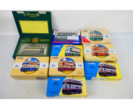 Corgi - 9 x boxed bus and trolleybus models in 1:50 scale including Sunbeam trolleybus in Reading Corporation livery # 97800,