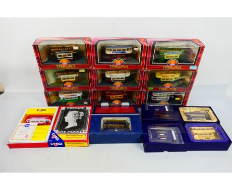 Corgi - Tramlines - 13 x boxed tram models including The Queen Mother Centenary model # 36709, Golden Jubilee Gold plated tra