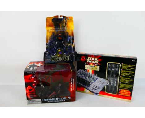 Terminator 3 - McFarlane Toys - Riddick - Sota Toys - Star Wars - Galactic Chess. A trio of boxed items appearing in Excellen