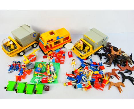 Playmobil - An unboxed group of vintage Playmobil toys, figures and accessories. Lot includes Playmobile Bin Lorry; Motorhome