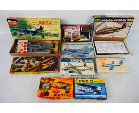 Monogram - Crown - Aoshima - Heller - 9 x boxed model kits including Lockheed P-38J Lightning in 1:144 scale, Mitsubishi Zero