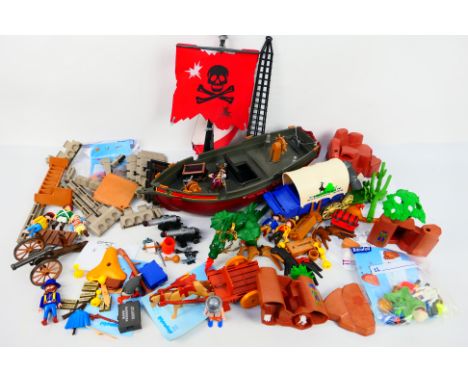 Playmobil - A collection of loose Playmobil accessories and sets. Lot includes Playmobil Pirate Ship; #3785 Western Covered W