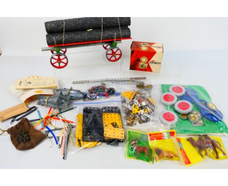Mamod - Meccano - Elastolin - Sawyers - A collection of vintage items including Meccano parts, a Mamod log trailer with logs,