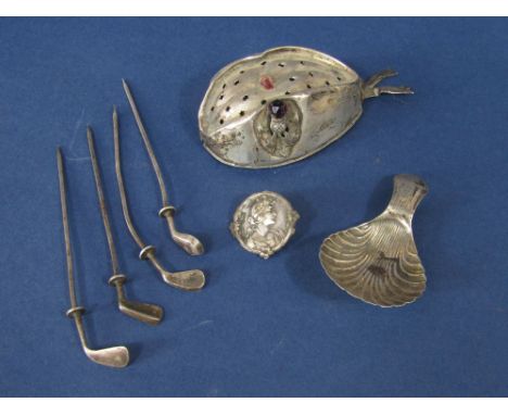 A mixed collection of cabinet silver to include interesting pin cushion of stylised form, mounted with an amethyst thistle, t