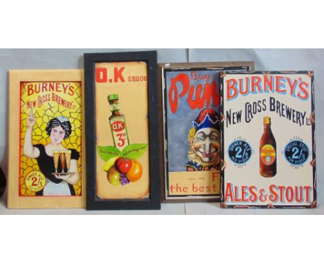 Four various vintage style painted advertising signs for OK Sauce, Punch, Berneys x2 (4)