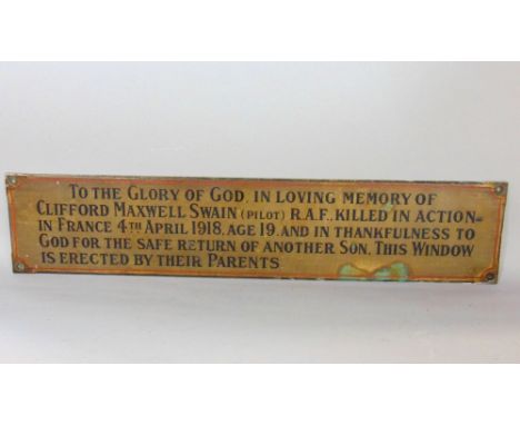 Vintage brass memorial sign inscribed 'To The Glory of God, In Loving Memory of Clifford Maxwell Swain' (pilot) R.A.F killed 