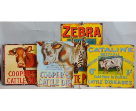 Four vintage style hand painted signs for Zebra Grate Polish, Cataline, Coopers Cattle Dip x2 (4)