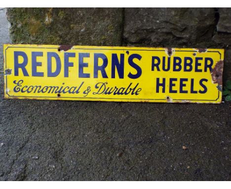 A small vintage enamel sign of rectangular form advertising Redfern's Rubber Heels, Economical and Durable, 61 x 15cm