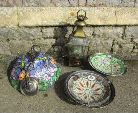A Tiffany style colourful leaded hanging ceiling light, with domed shade, dragonfly and floral detail, 40cm diameter, togethe