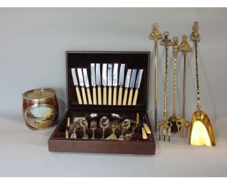 Vintage oak cased canteen of fiddle pattern cutlery, together with a further oak biscuit barrel with marine landscape painted