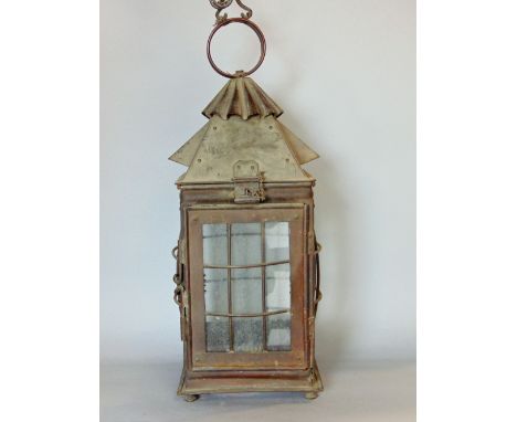 Arts and crafts tin hall lantern with tapered top, 40cm high