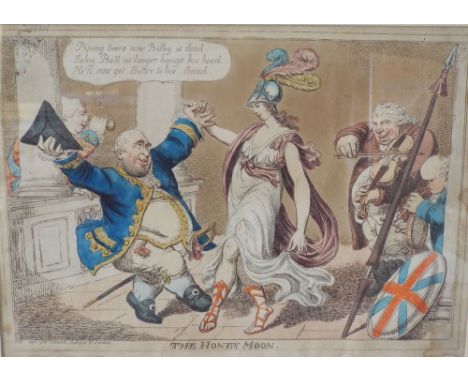 W Holland (early 19th century British School) The Honey Moon, Charles Fox dancing with Britannia, coloured caricature engravi