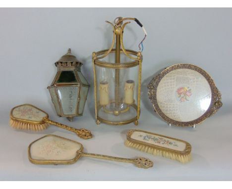 A collection of mixed metalware to include a twin branch hanging cylindrical glass lantern, a further smaller hexagonal lante