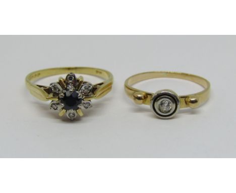 18ct sapphire and diamond flower head ring, size J/K and a further diamond set yellow metal ring with beaded detail, size I, 