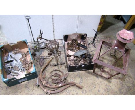 A quantity of antique metal wares to include light fittings, street lantern hood, etc