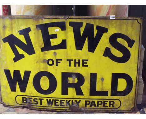 A vintage enamel sign advertising The News of the World, Best Weekly Paper, 92 x 61cm (af), together with a wall mounted, coi