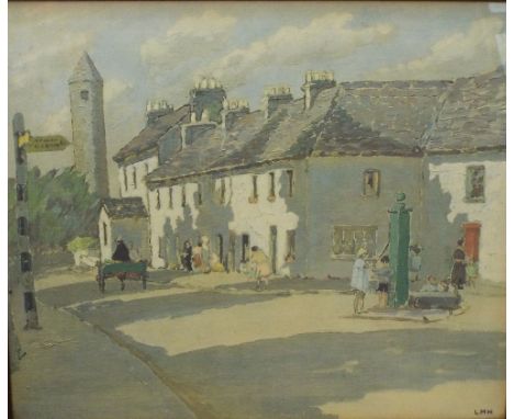 Letitia Marion Hamilton (Irish 1878-1964) - The Round Tower, Clondalkin, coloured print, with label verso, 44.5 x 52.5cm, fra