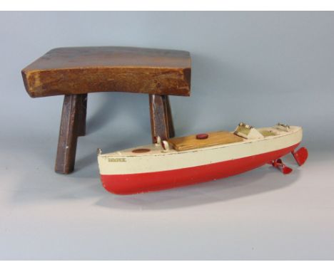 Vintage Sutcliffe model boat 'Minx' in cream and red, together with a small hardwood stool, height 16cm