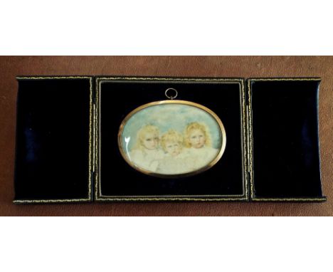 Mabel Terry Lewis (British, active 1897-1925) a bust length portrait miniature of three young children, of oval form, signed 