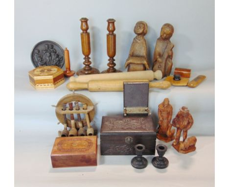 A box of various treen items, including carved figures of European rustic characters, Austrian Rolling pin, Mauchline wares, 