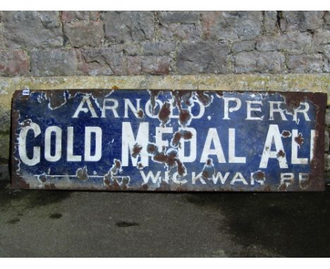 A vintage enamel sign (remains, one half) advertising Arnold Perrett Gold Medal Ales, Wickwar Brewery (af) 148cm x 46cm