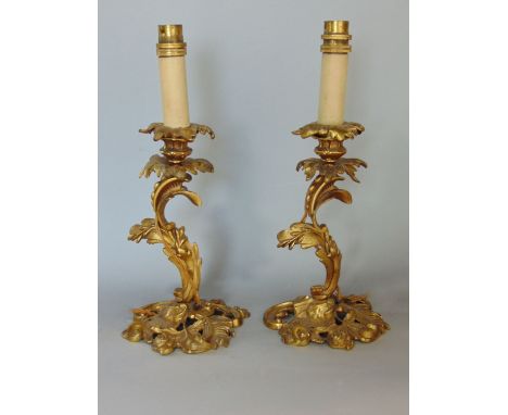 Pair of French ormolu candlestick table lamps, in the form of scrolled acanthus, 35cm high (2)