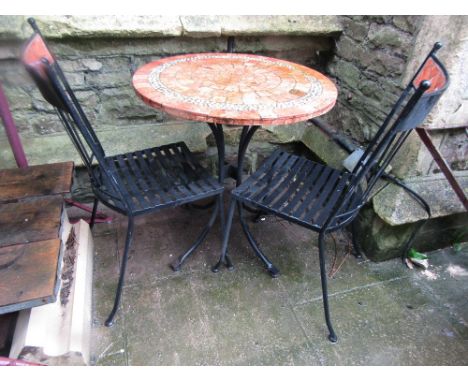 A contemporary three piece, light steel framed garden terrace set comprising circular concentric tiled top table and a pair o