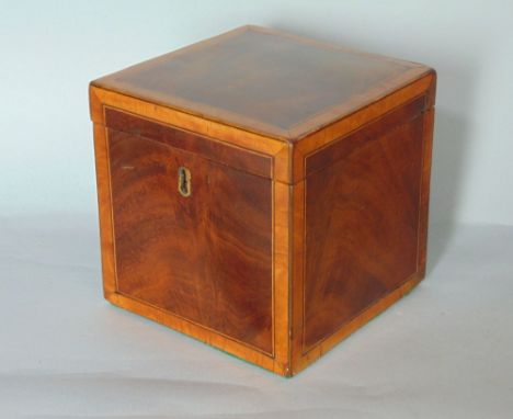 Georgian mahogany and satinwood cross banded tea caddy, the hinged lid enclosing a further lidded interior, with keys, 13cm h