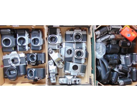 Three boxes of mixed 35mm cameras and others to include Minolta, Praktica, Pentax, etc (over 30)