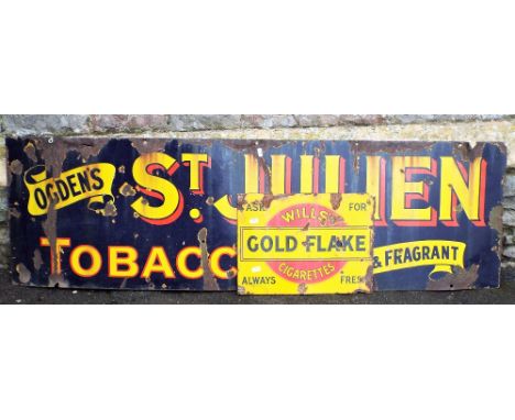 A vintage enamel sign of rectangular form advertising Ogden's St Julian tobacco, 153cm long x 46cm high, together with a furt