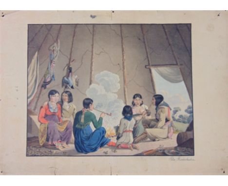 Peter Rindisbacher (Swiss 1806-1834) scene inside a teepee with family of native Americans around a fire, hand coloured litho