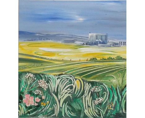 Beryl Maile - Landscape with distant power station, gouache on card, signed and with Oxfordshire address label verso, 27 x 25
