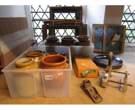 Miscellaneous lot to include a small collection of glazed stoneware preserve jars, bottles, a boxed Stanley Bailey no4 wood w