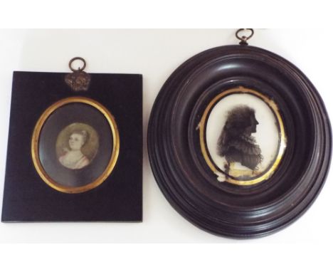 Mrs Isabella Beetham (British 1753-1825) - Silhouette profile portrait miniature, reverse painted on convex oval glass panel,