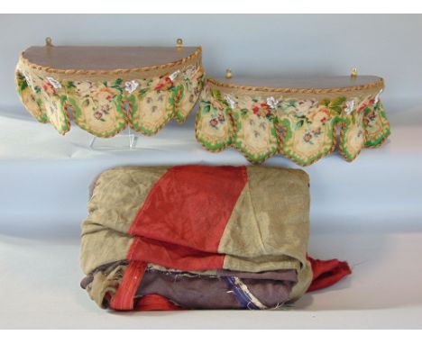 Large vintage union flag, 4.35m long in poor condition, together with two wall mounted shelves with hanging edge tapestries, 
