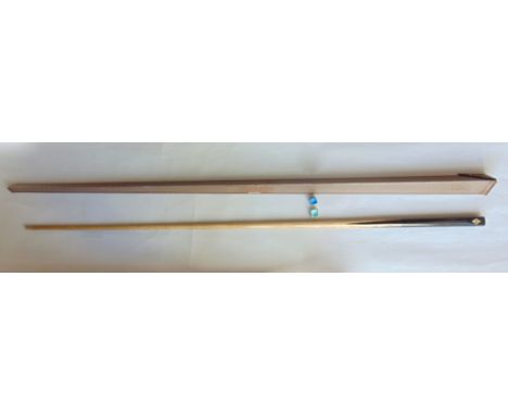 A vintage snooker cue by EJ Riley of Accrington, partially in ashwood stamped 16,A,3, with steel pyramid shaped travelling ca