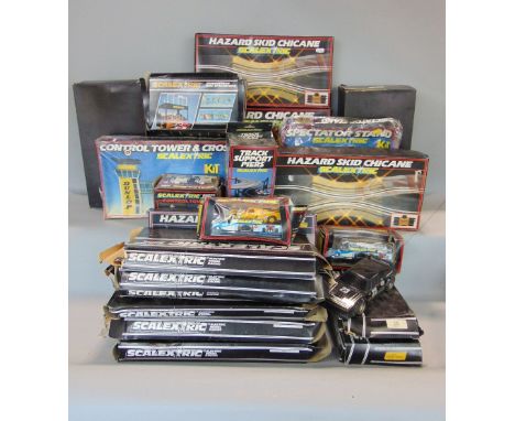 Large quantity of Scalextric including boxed cars C272 and C189, further boxed sets of Hazard Chicane, track support piers, G